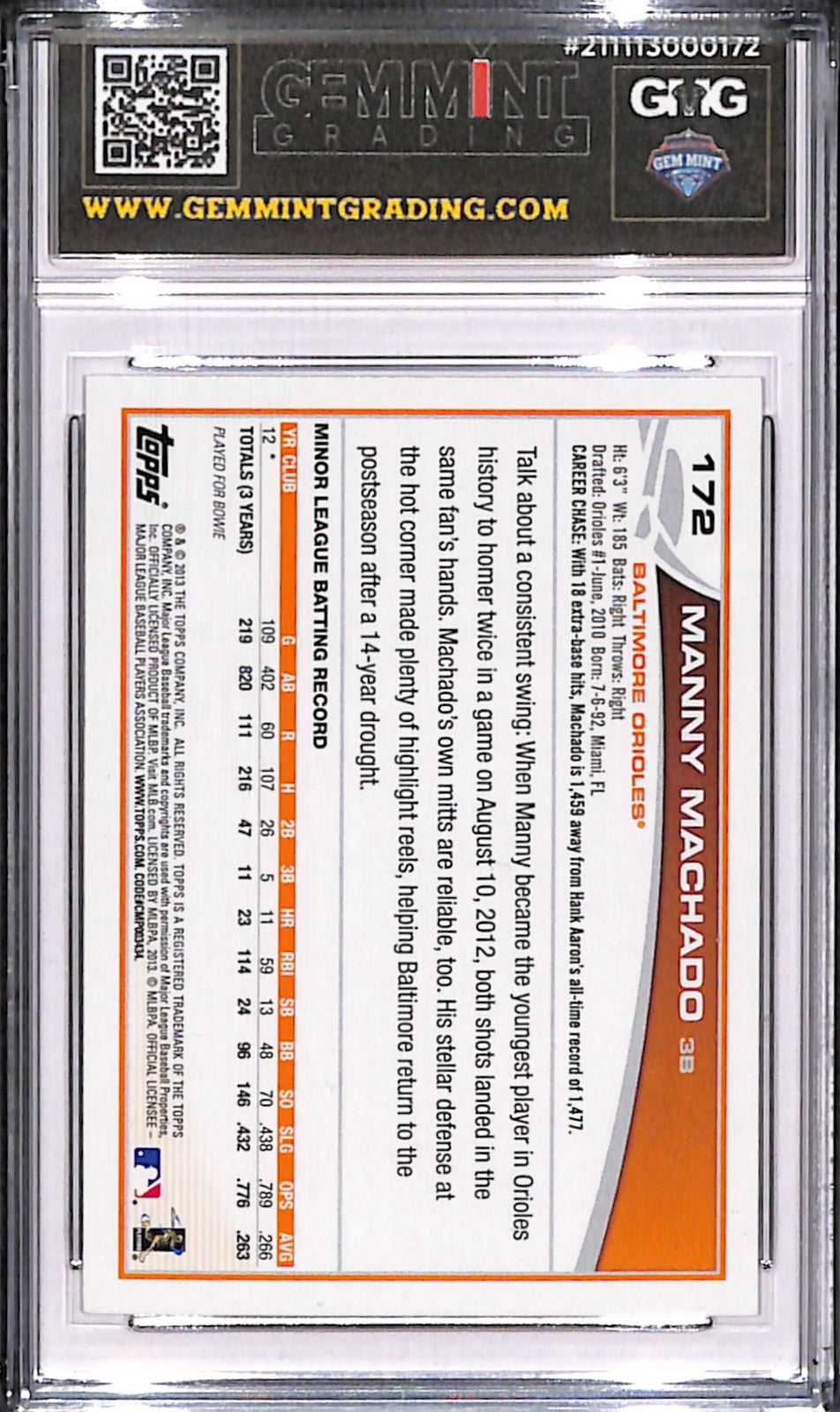 2013 Topps Opening Day #172 Manny Machado Mint+ 9.5 