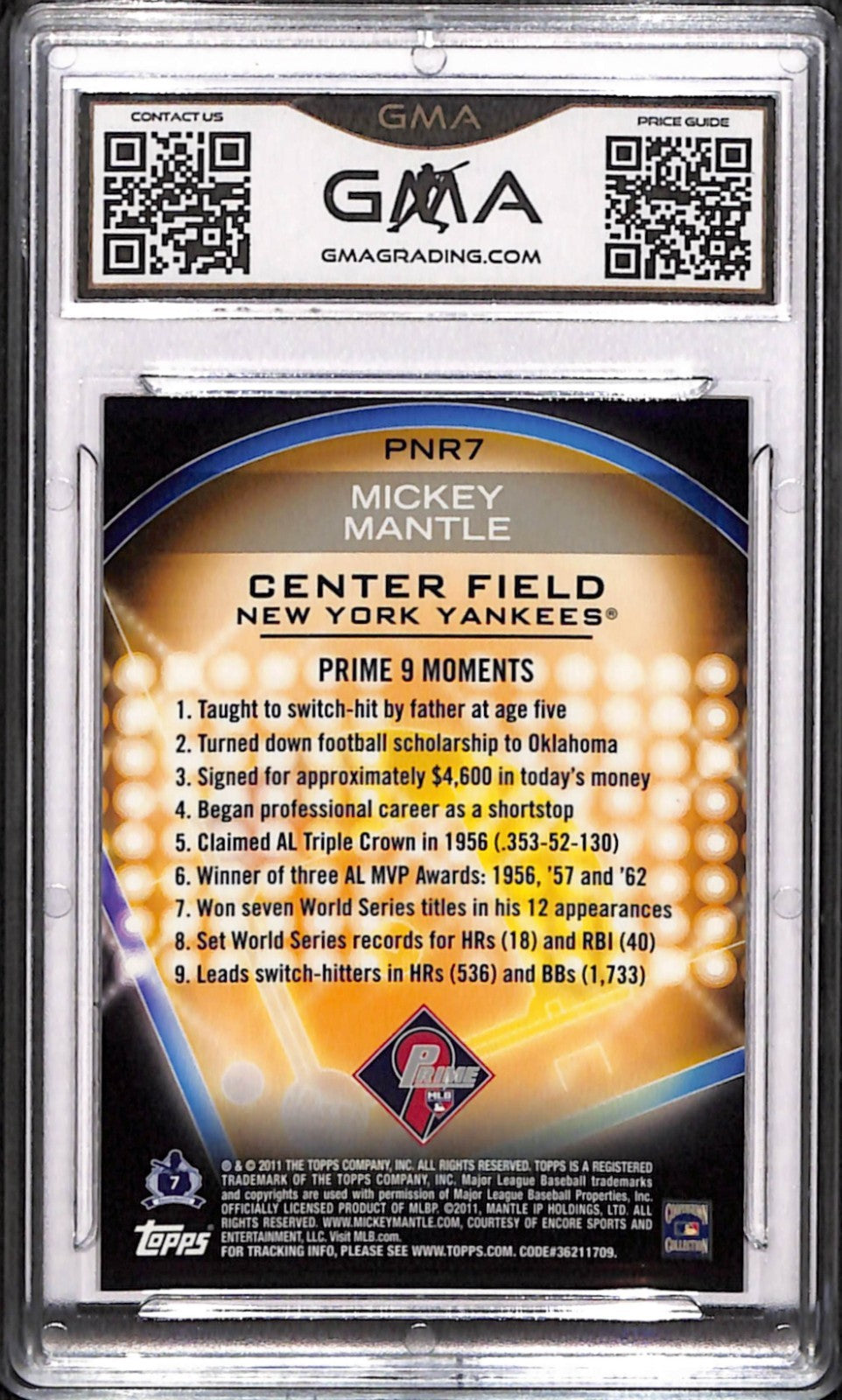 2011 Topps Prime 9  Mickey Mantle #PNR7 Gem Mint 10 